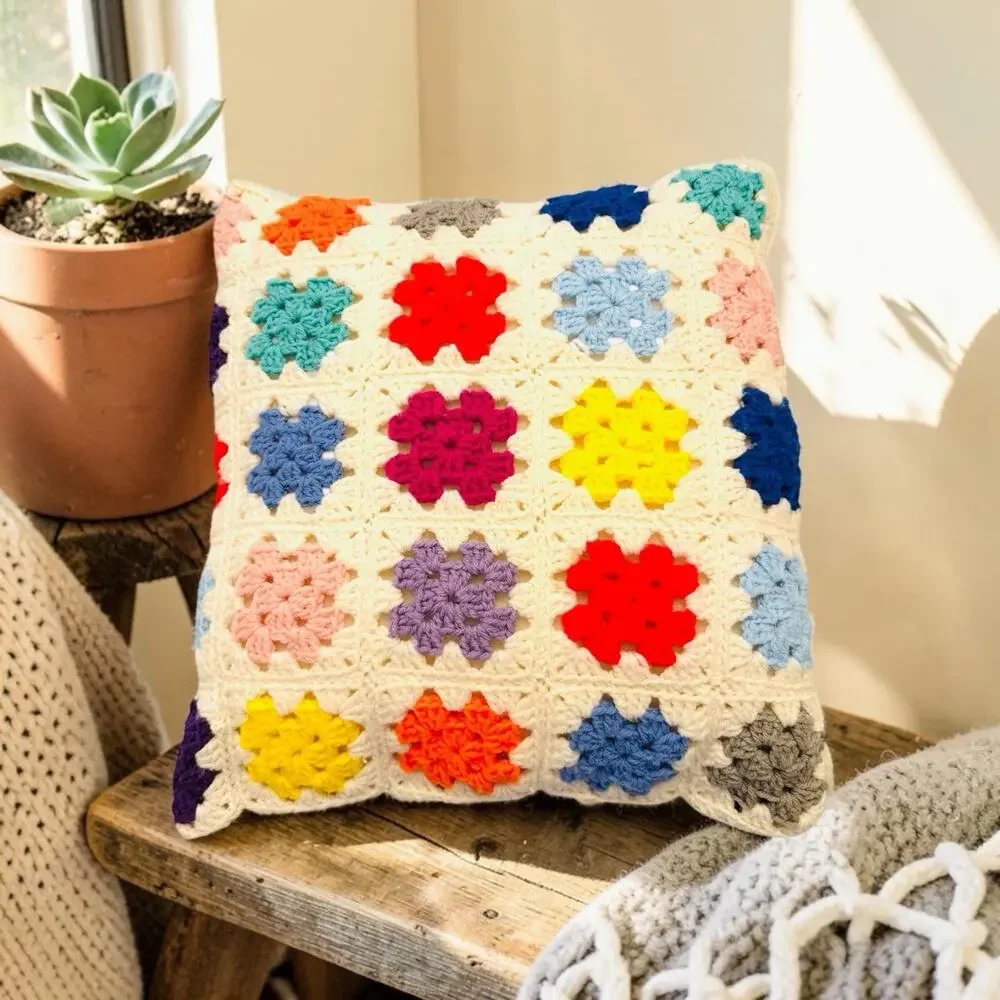 Vintage Granny Square Crochet Throw Pillow Floral Multi Colors Grannycore 16”